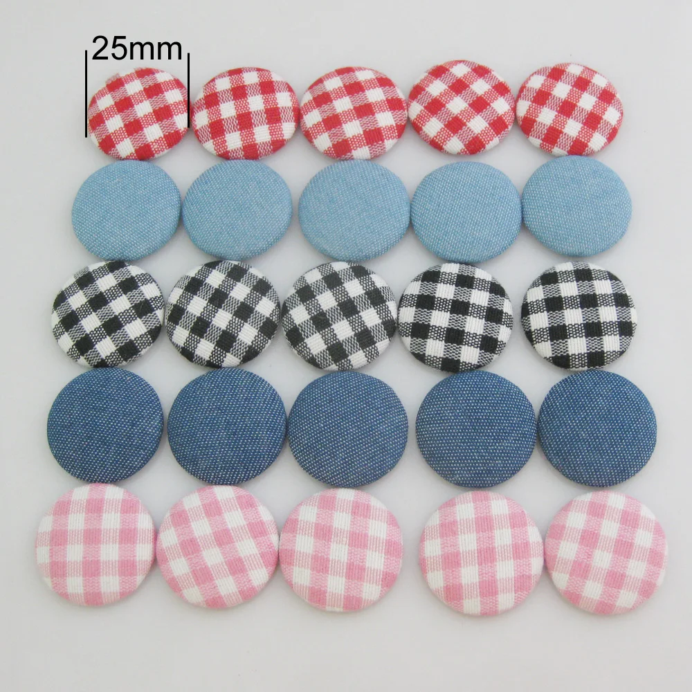 NBNLWA 25MM Cloth Buttons Covered Mix 50Pcs Flatback Plaid Buttons For Clothes DIY Headwear Ornament