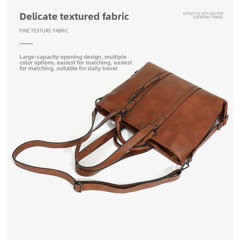 Vintage Brown Red Black Oil Wax Leather Tote Bag Women Large Capacity Shoulder Crossbody Bag With Detachable Strap - view 4
