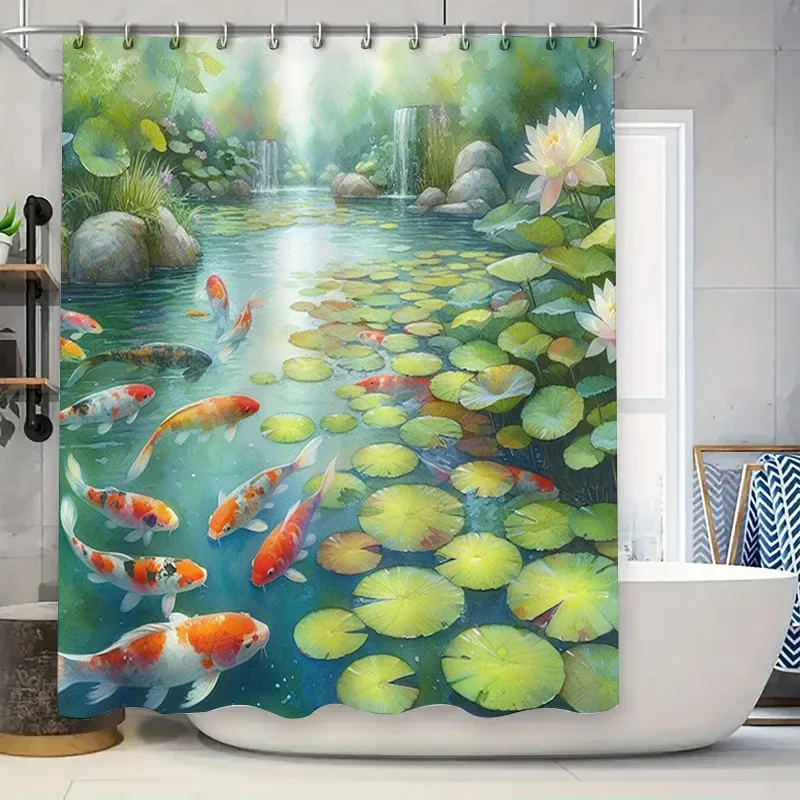 Vibrant Fishes Shower Curtain with Lotus Pond Scene Waterproof Fabric for Bathroom Decorations Multi-Colored Koi Carps Design Si