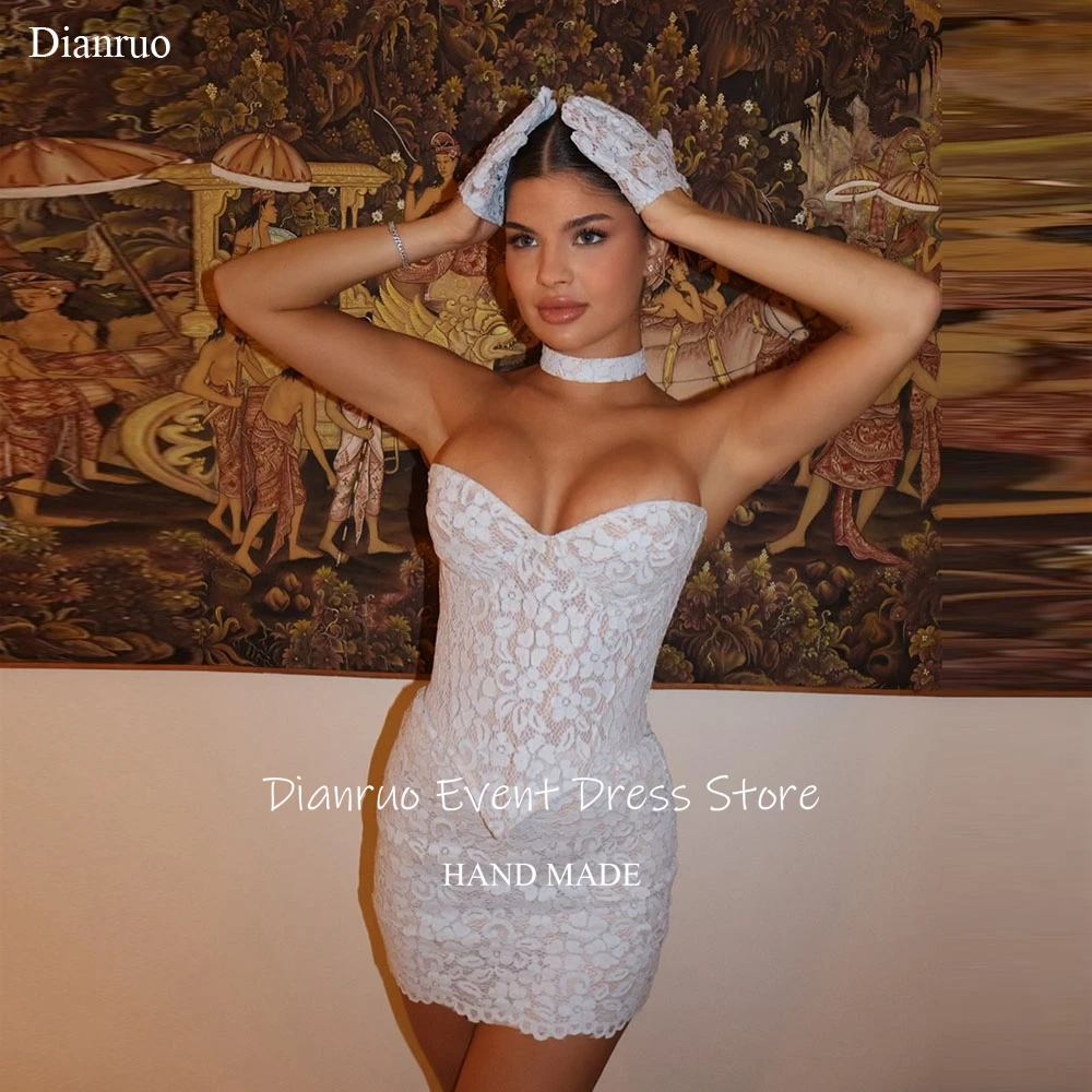 

Dianruo Delicate White Bodycon Prom Dresses Above Knee Appliques Birthday Party Dress Sweetheart Lace Robes De Soirée Customized