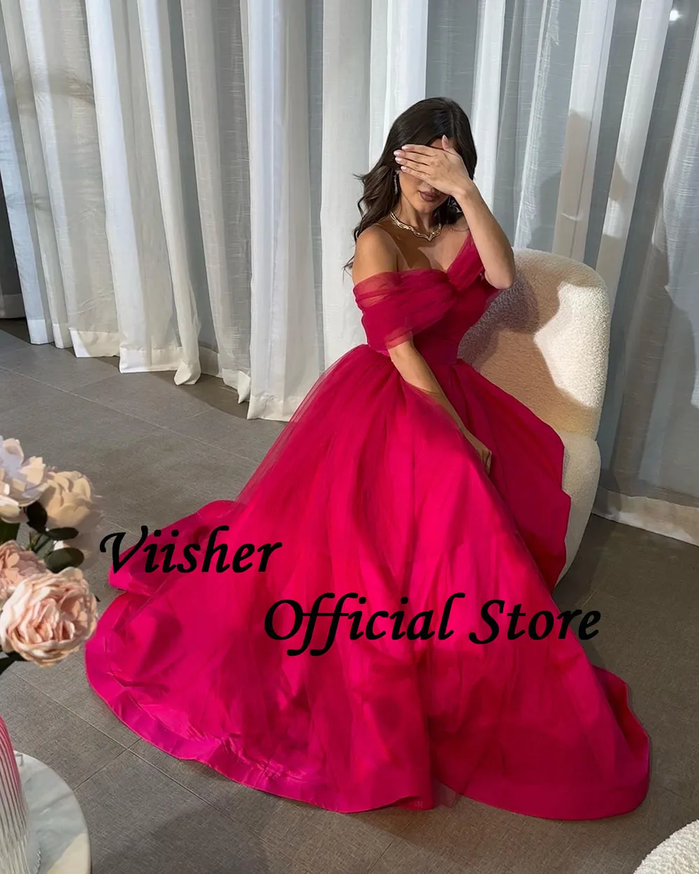 Viisher Hot Pink Off spalla abiti da sera Tulle raso lungo Dubai arabo Prom Party Dress lunghezza del pavimento abiti da sera formali