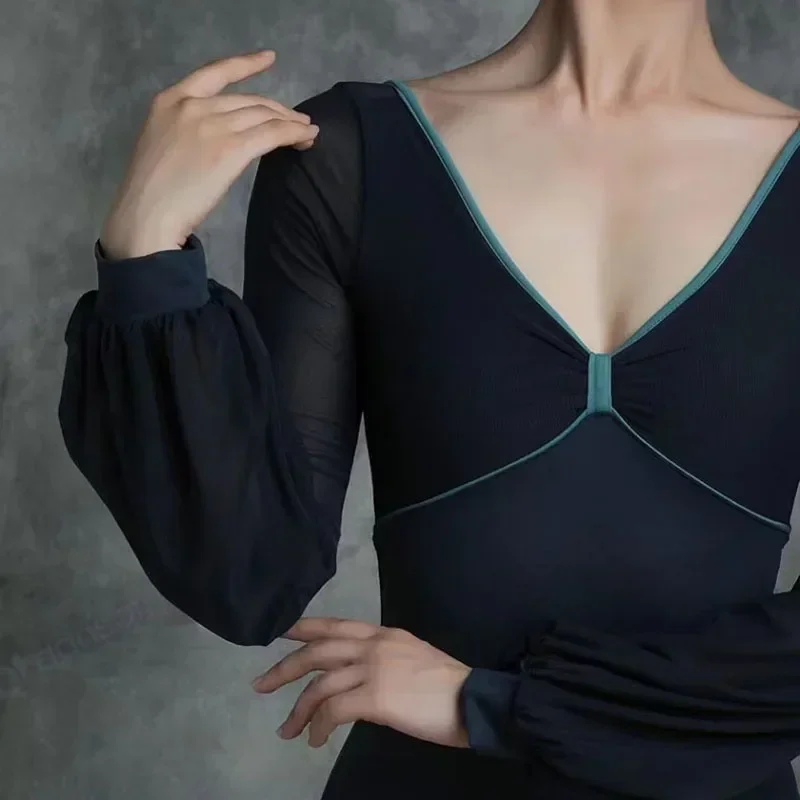

2024 New Ballet Dresses Adult Lantern Long Sleeve Leotard V neck Bodysuit women Dance wear Sexy Gymnastics for girl