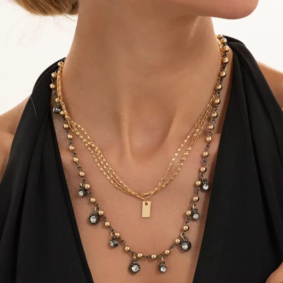 SHIXIN 2Pcs/Set Luxury Shiny Glass Rhinestone Pendant Necklace Women Fashion Gold Color Clavicle Chain Jewelry Accessories Gifts