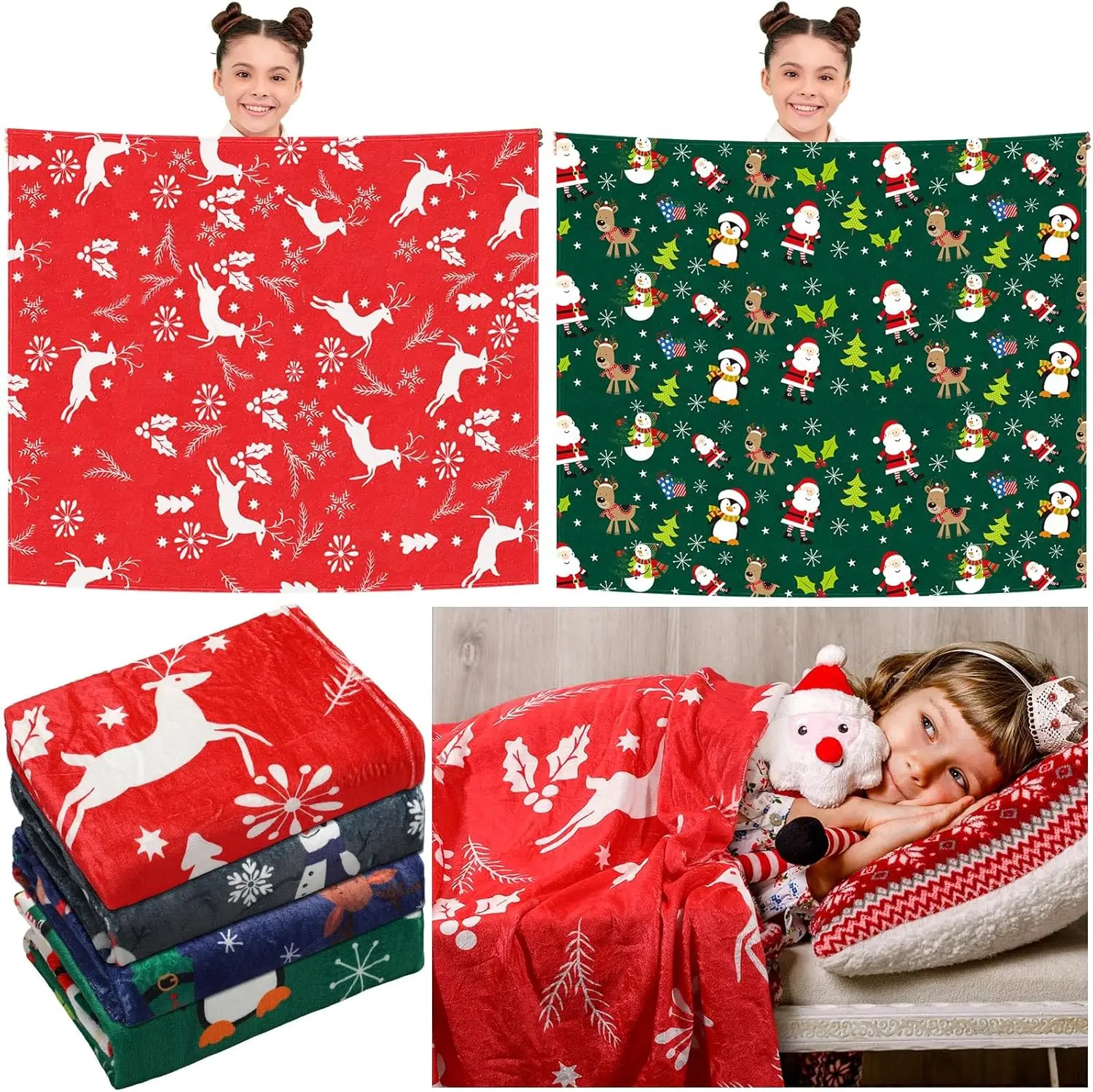 

4 Pcs Christmas Throw Blanket 51 x 59 mas Prints Flannel Blanket Plush Holiday Warm Soft Blankets and Throws