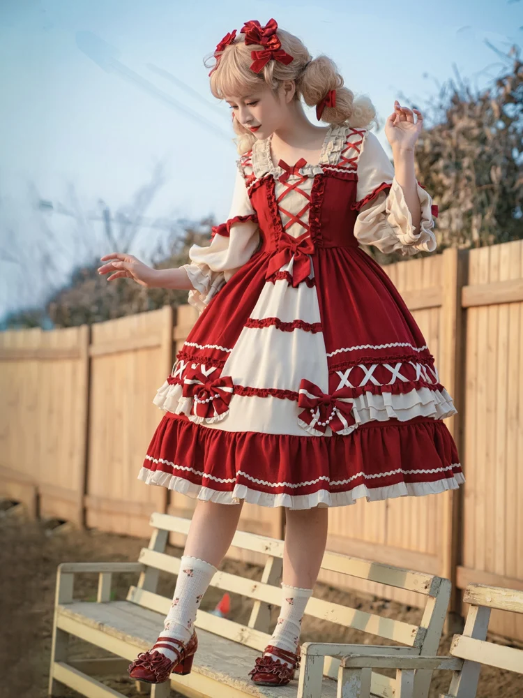 

Japanese Sweet Kawaii Jsk Lolita Dress Women Vintage Victorian Gothic Cartoon Sleeveless Bow Lace Princess Tea Party Dresses