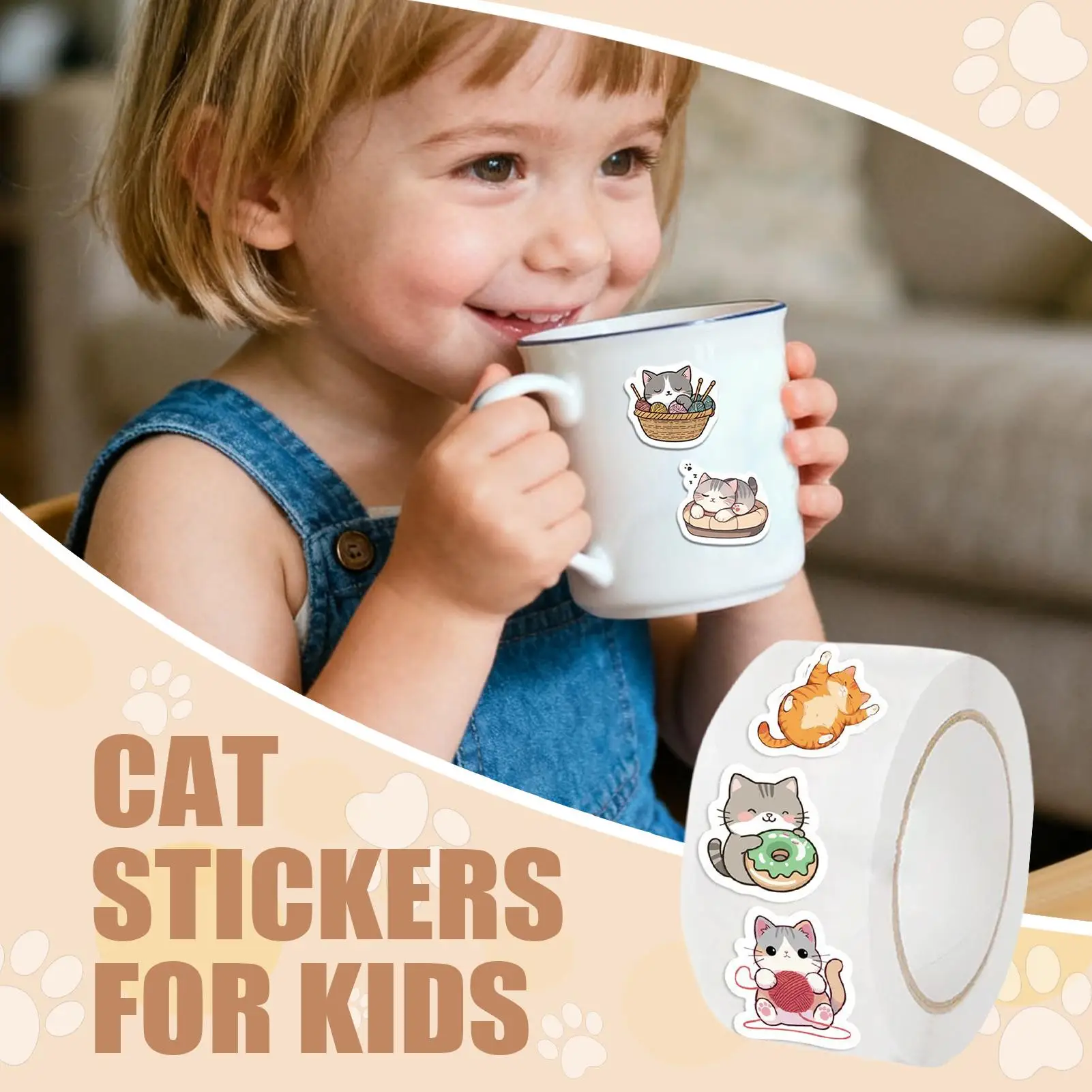 สติกเกอร์แมวสำหรับเด็ก 500 แผ่น/ม้วน สติกเกอร์ตกแต่งซองจดหมาย ซีลตกแต่งสำหรับงานปาร์ตี้โรงเรียน สำนักงาน สมุดภาพ สมุดบันทึก แล็ปท็อป