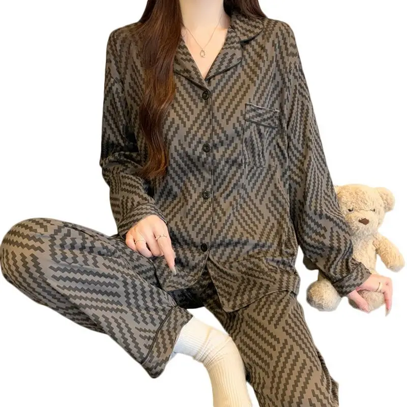 Plus Size Franse High-End Gestreepte Geruite Pyjama Voor Vrouwen Lente En Herfst Lange Mouwen Nachtkleding Studenten Nachtkleding Homewear