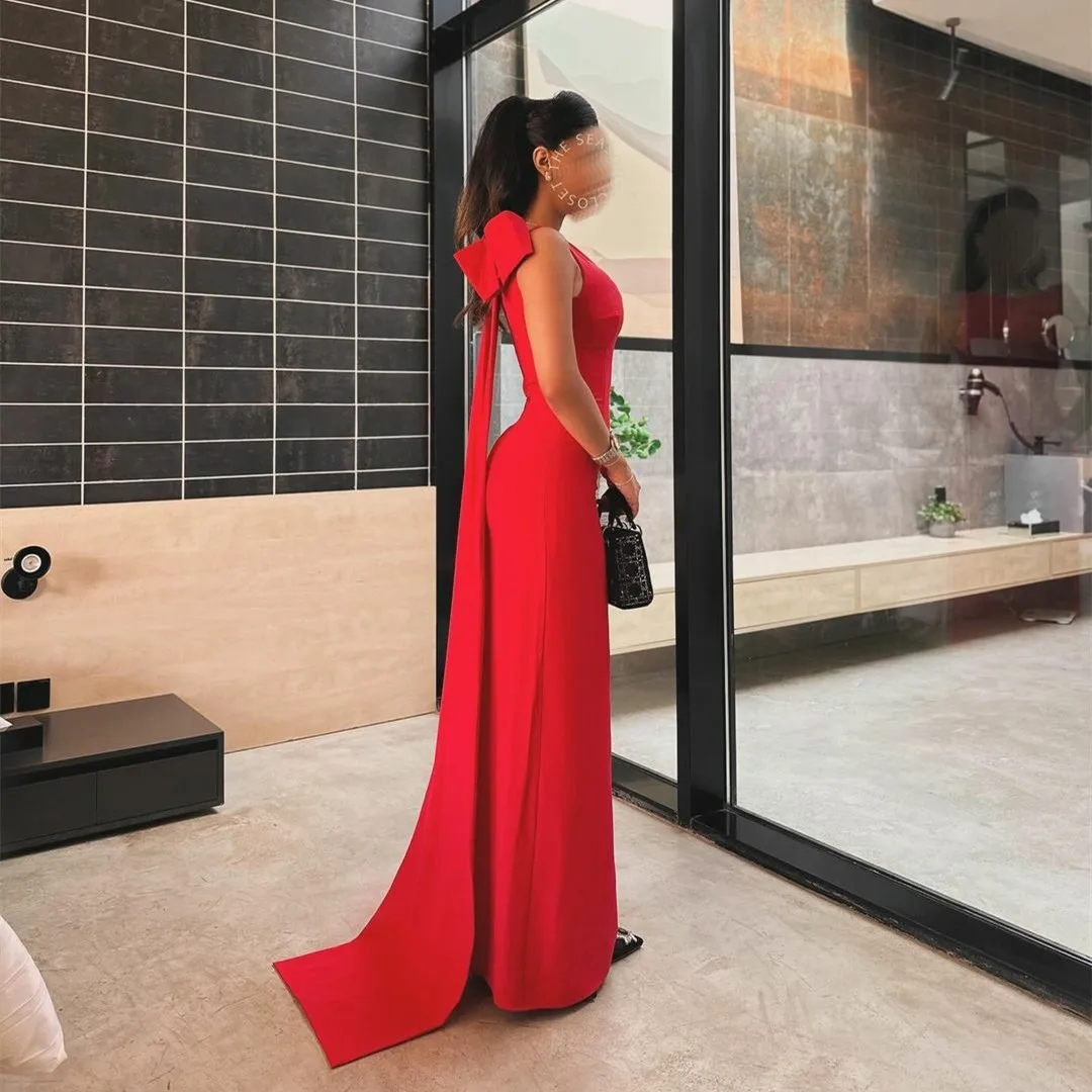 Elegant Long Jewel Neck Red Crepe Evening Dresses with Bow فساتين سهرة Sheath Floor Length Prom Dress for Women