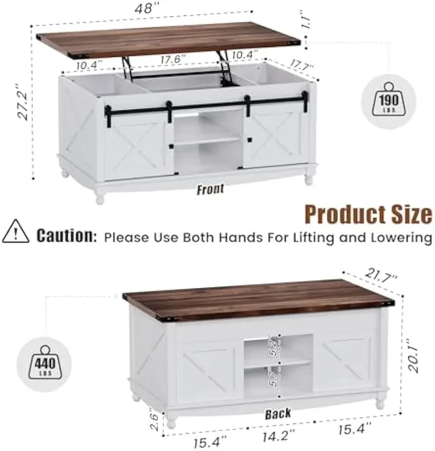 Table with Storage Sliding Barn Door & Large Hidden Compartment, Coffee Table with Lifting Top with Wooden Lift Tabletop,