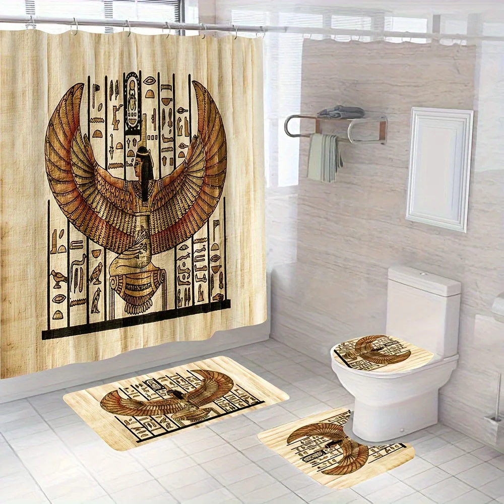 Ancient Egyptian Bathroom 4-Piece Set: Shower Curtain, Bath Mat, Toilet Cover, Tank Cover – Hieroglyphic and Winged Decor