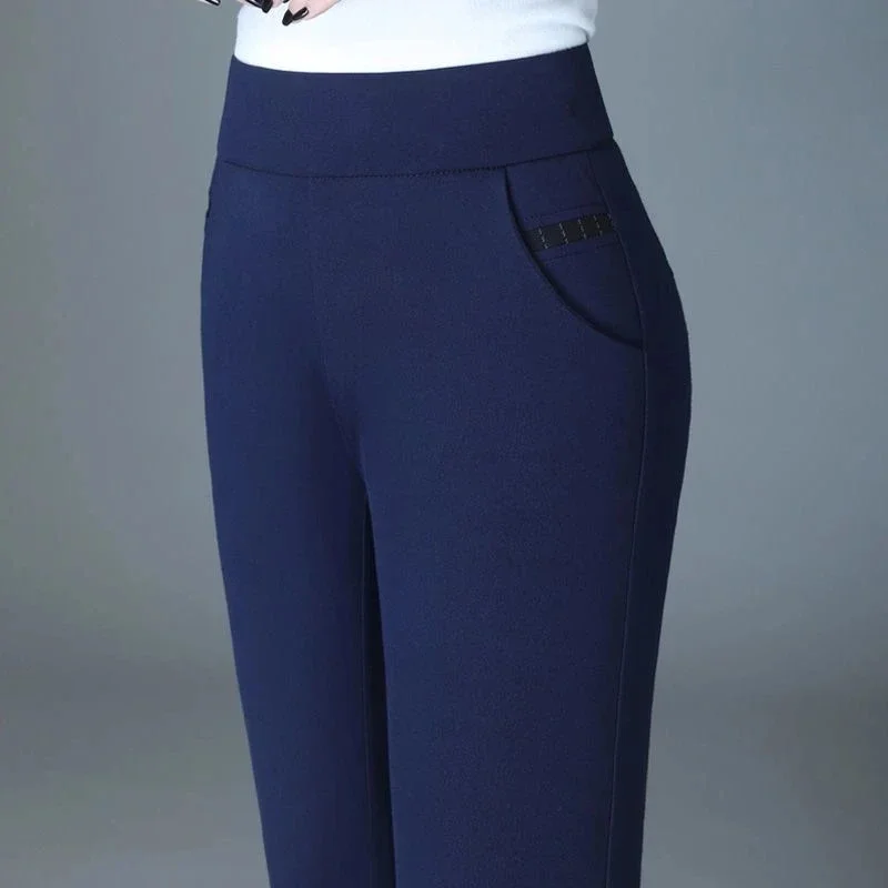 

2025 Office Lady Slim Pencil Pants Spring Autumn High Waist Elastic Pockets Solid Elegant Women Casual Fashion Straight Trousers