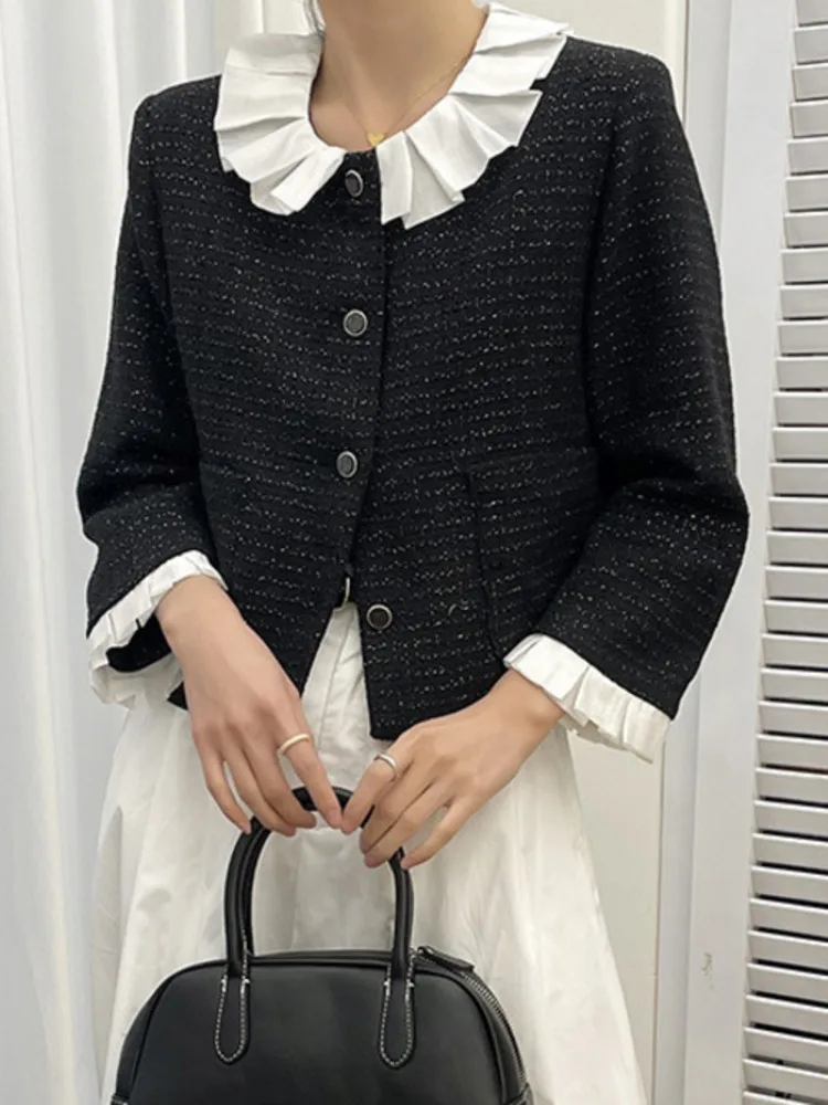 Japan Style Ruffled Edge Patchwork O Neck Jacket Fashion All Match Black Short Top Coat Women 2024 Spring Summer X772