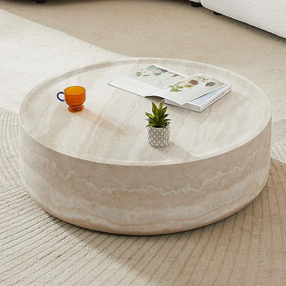 

Faux Mars Pattern Coffee Tables for Living Room Round Tea Faux Travertine Textured Table for Living Room, No Need Assembly