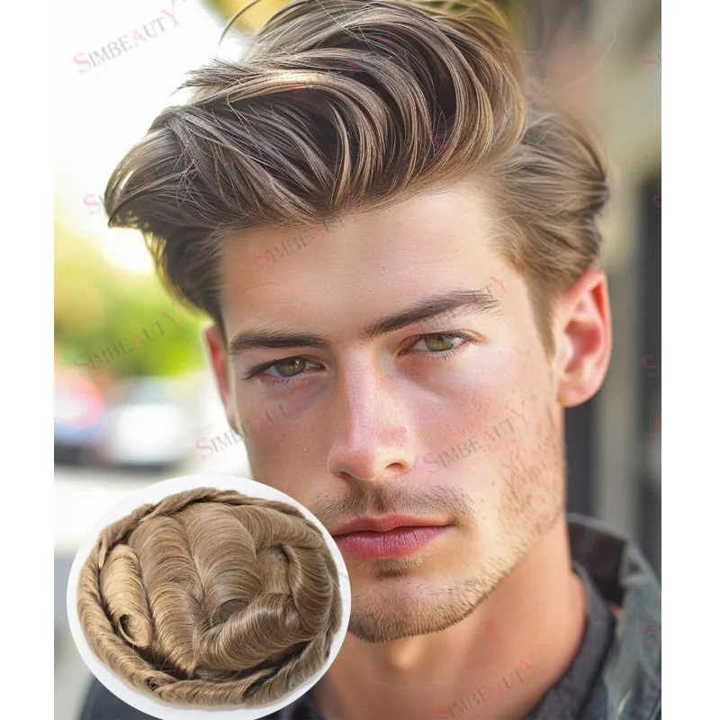 

Прочный # Мужской парик из 100% натуральных европейских волос, 20 Honey Blonde, 30 мм, волнистый, с незаметной естественной линией роста волос, на основе Mirage Skin Base