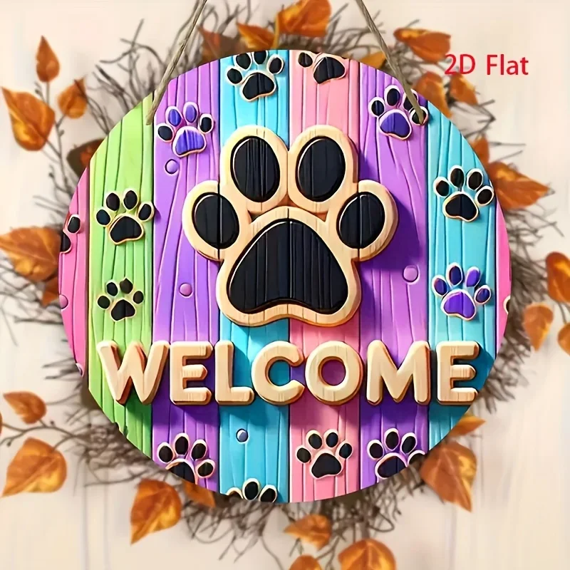 2D Flat - [2D Flat] A Classic Style Paw Print Welcome Sign, 20.32 cm Made for Wooden Door Installation, Pre-Drilled with a Hangi