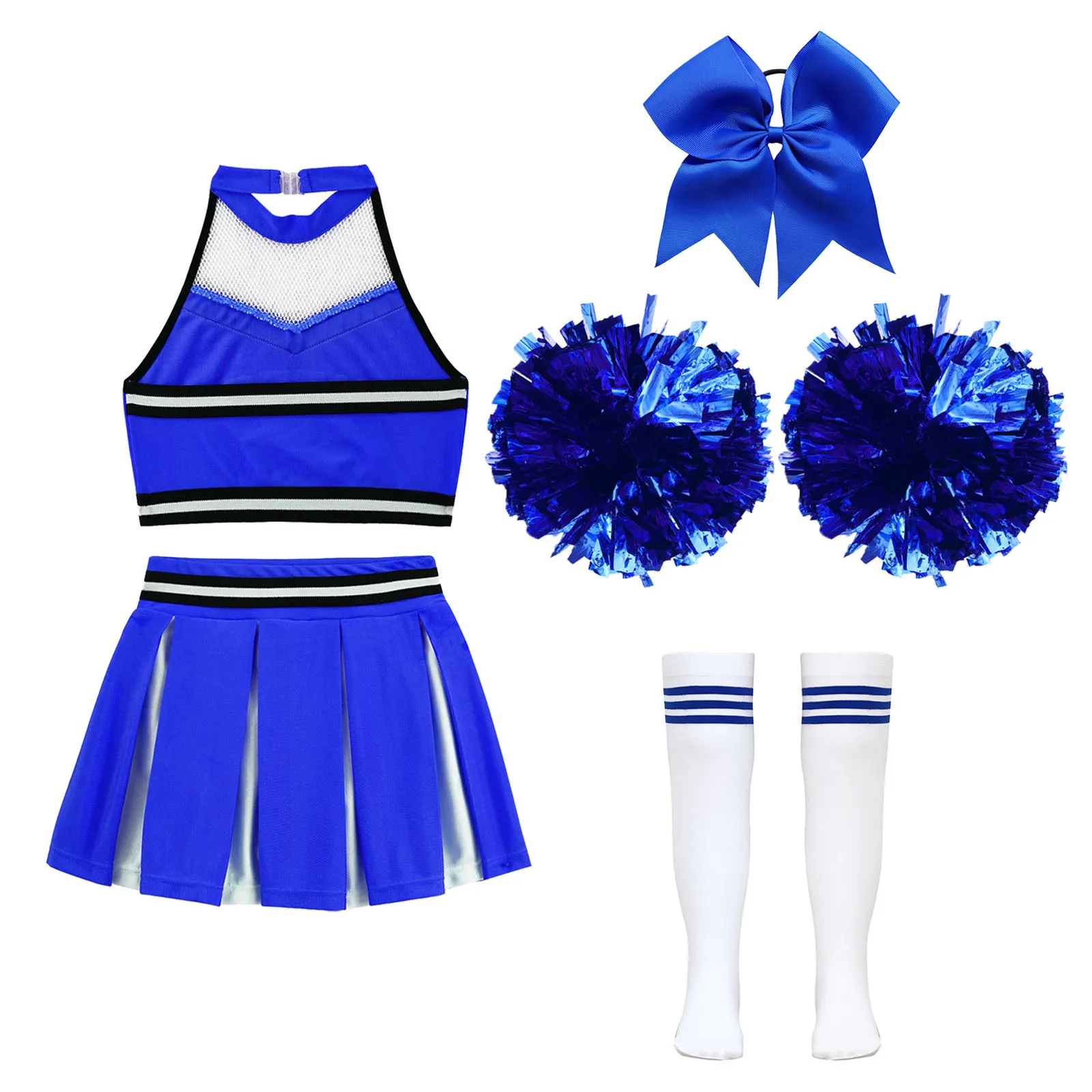 Kids Girls Cheerleading Uniforms Cheer Leader Costume with Pom Poms Crop Tops and Pleated Mini Skirt Halloween Cosplay Costume