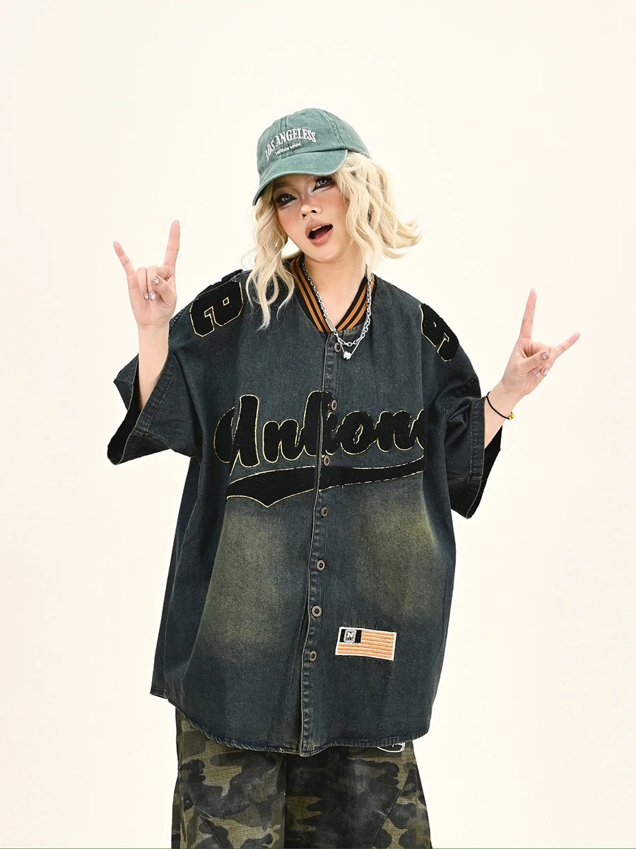 

Lazy Towel Embroidered Star Denim Short Sleeve Loose Women's Shirt Street Style Casual Fashion Summer New Brand Top