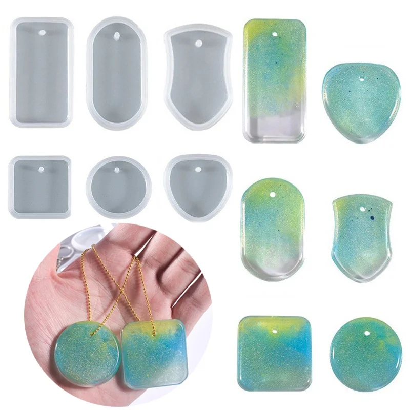 Juego de moldes de silicona para colgante de llavero DIY, Molde de resina Epoxy de cristal, colgantes rectangulares redondos, moldes de fundición para fabricación de joyas, 6 uds.