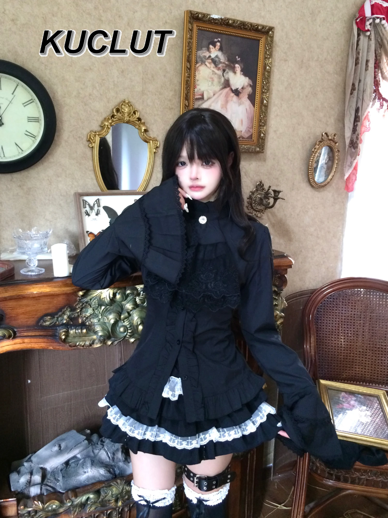 

Элегантный костюм в дворцовом стиле, субкультура, готический нишевый облегающий топ с длинными рукавами и юбка с рюшами для женщин, элегантный комплект 2025 г.