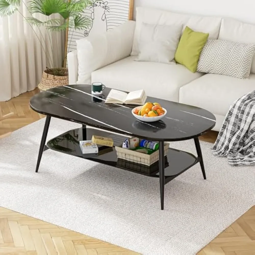 

Coffee Tables for Living Room, Black Coffee Table with Glass Shelves, Spacious Oval-Shaped Mid Century Modern Coffee Table
