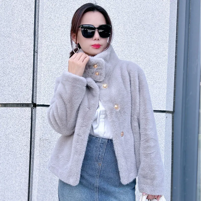 Gray Cropped Faux Fur Coat 2024 Winter Warm Stand Collar Fluffy Jacket Elegant Long Sleeve Overcoats Female Clothes Top