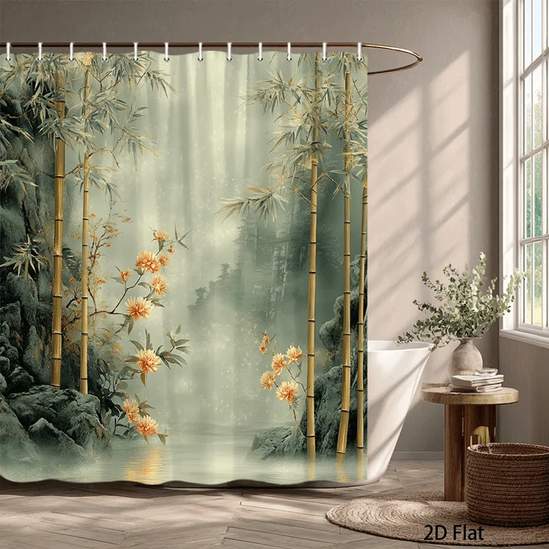 

Zen Bamboo Forest Waterfall Shower Curtain Waterproof Asian Bathroom Decor Tropical Nature Scene 180x180cm Curtain