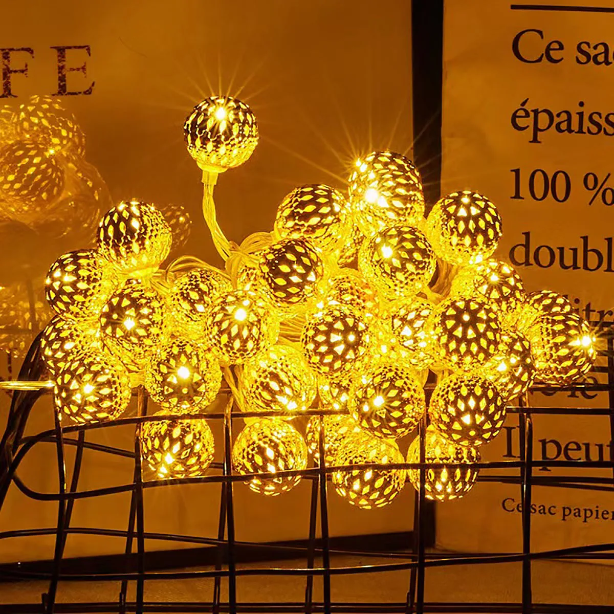 Iron Moroccan Ball Light String Ramadan Atmosphere Decoration LED Light String Cabinet Courtyard Decoration Hollow Ball