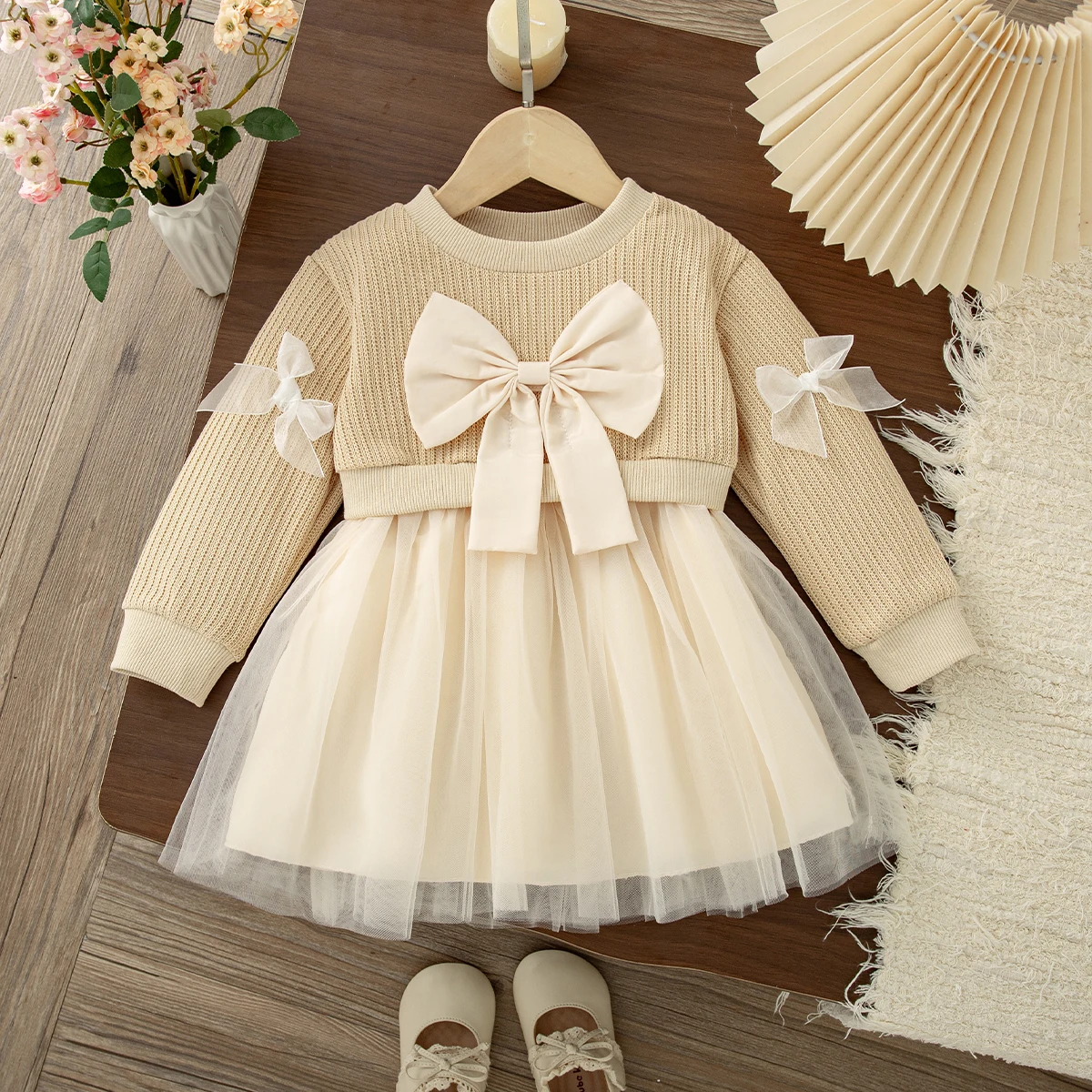 Autumn Fashion Khaki Long Sleeved Spliced Baby Girl Dress Korean Style Casual Birthday Party Gift Toddler Fairy Dress