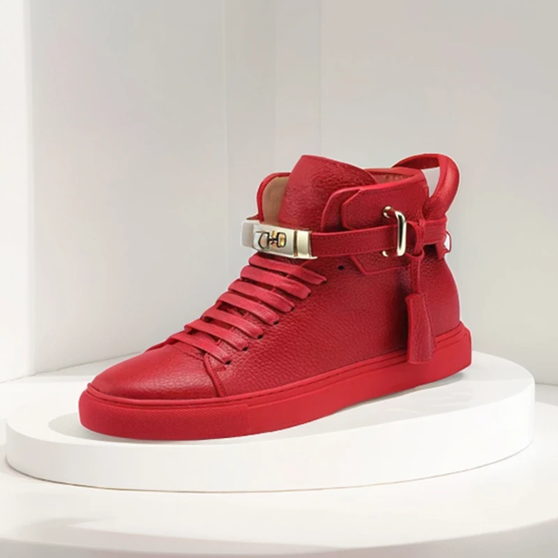 

High-Top Sneakers Men Calfskin Lock Lace Platform Leather Designer Flat Casual Daily Shoes