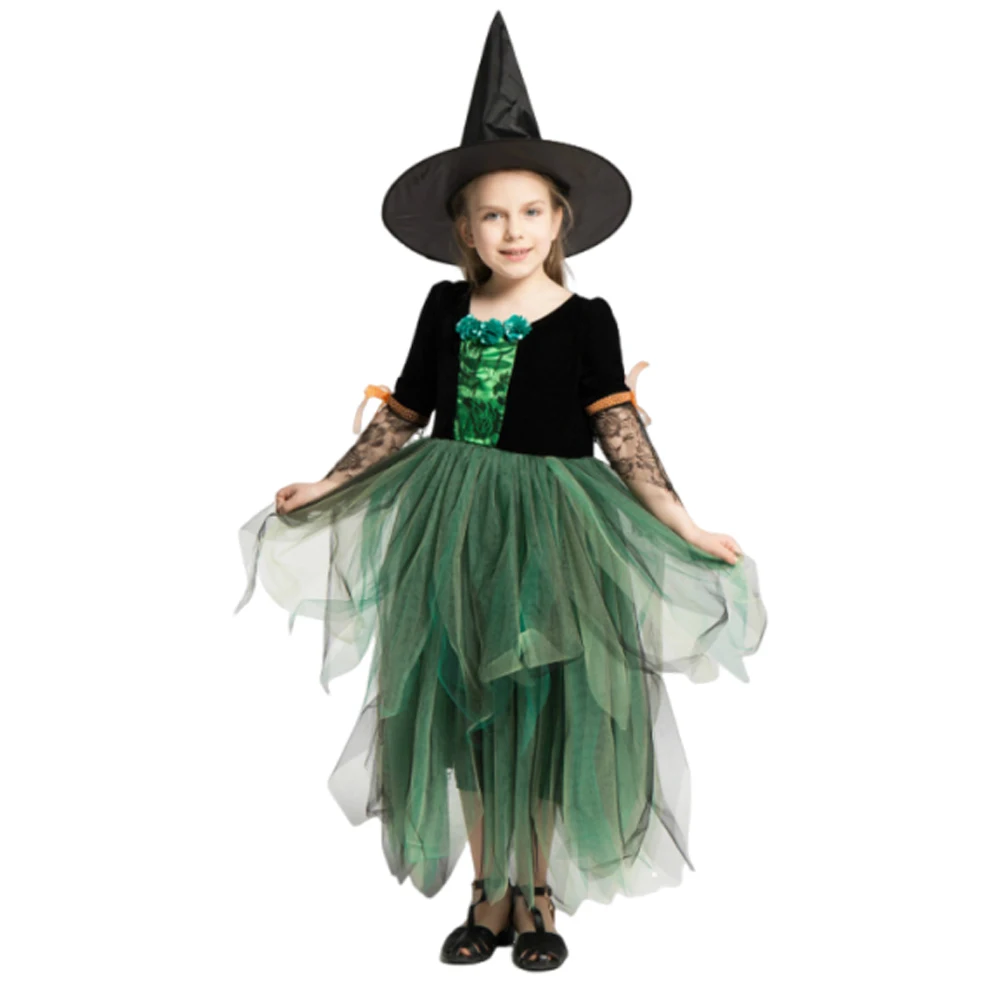 Costume cosplay da strega per bambina, vestito da tutu, cappello, abiti, gonna da principessa in rete verde, performance sul palco, gonne da ballo, festa di Halloween