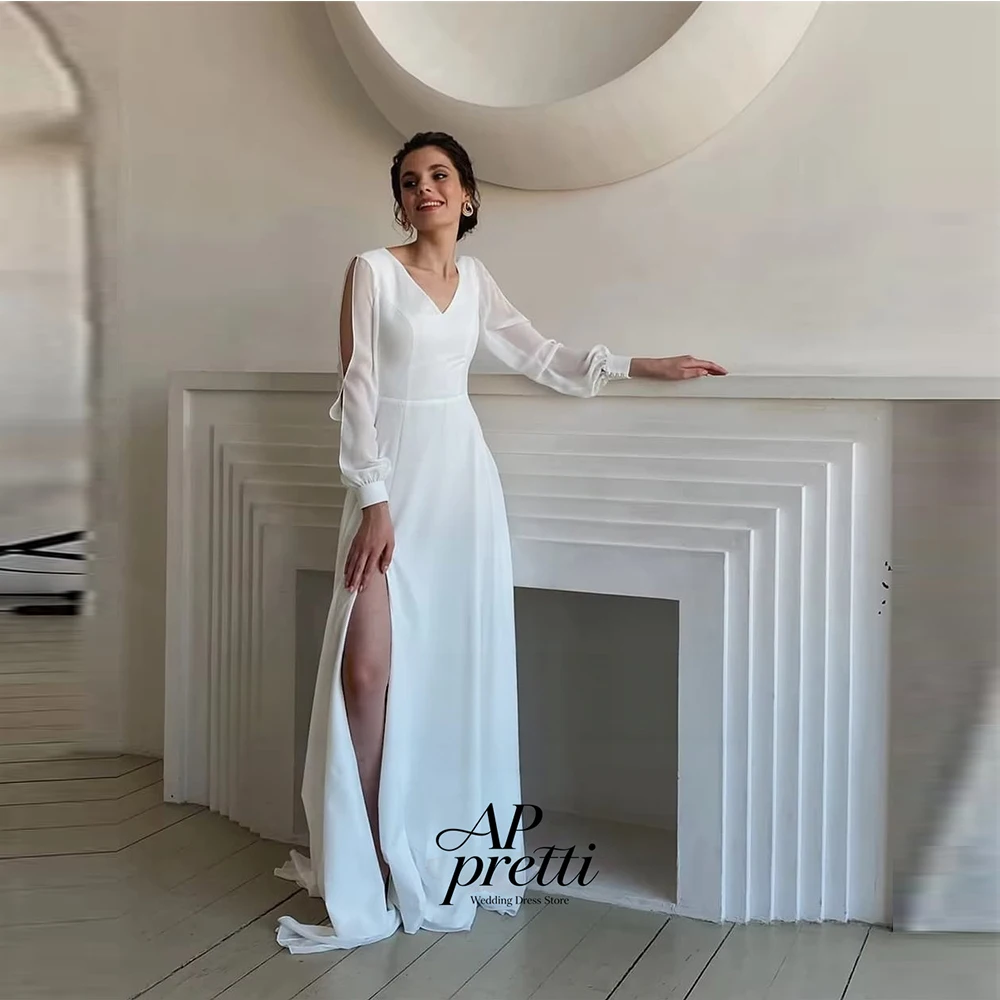 AP Pretti Simple Organza Wedding Dresses Full Sleeve Customized V-Neck Side High Slit Floor-Length Bridal Gown Vestidos De Novia