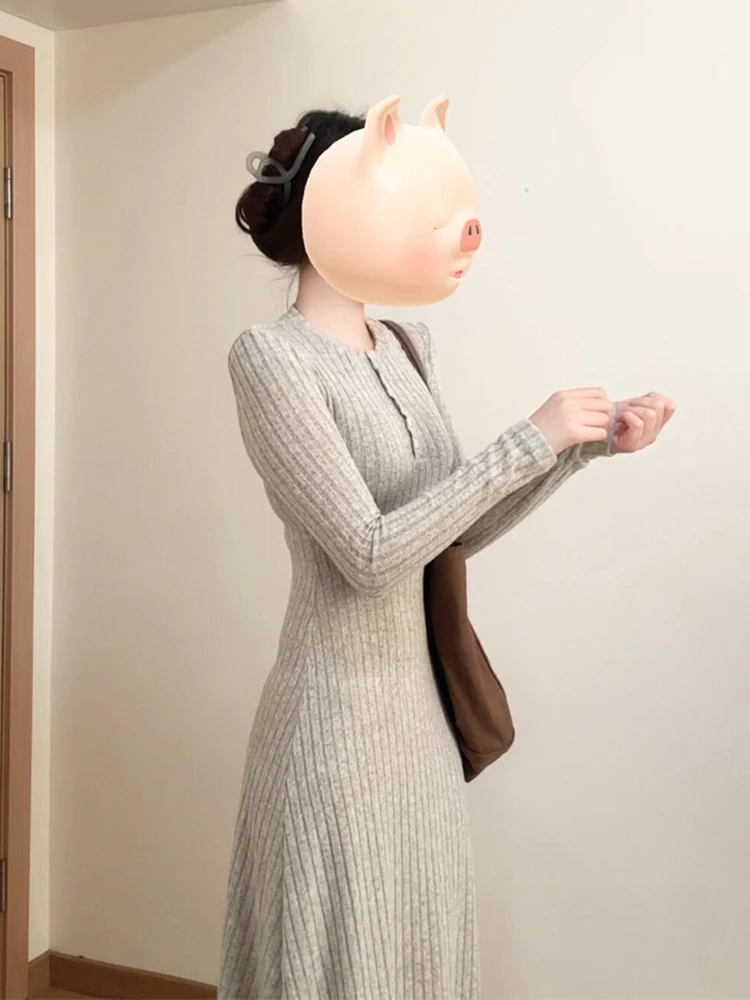 Koreaanse Sle Lange Sve Gebreide Dr vrouwen Thiened A-lijn Basisrok Herfst Winter Nieuwe Sle Afslanken Hoge Taille Dr