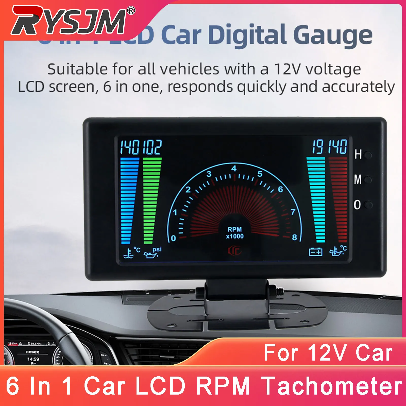 6 In 1 Car LCD RPM Tachometer Digital Meter Water Temperature Oil Pressure Oil Temp Voltage Clock Gauge With Sensor For 12V Car