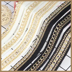 90cm Long White Beaded Cotton Embroidered Gold Aluminum Chain Crochet Woven Lace Trim Fabric Handmade DIY Sewing Craft Ribbons