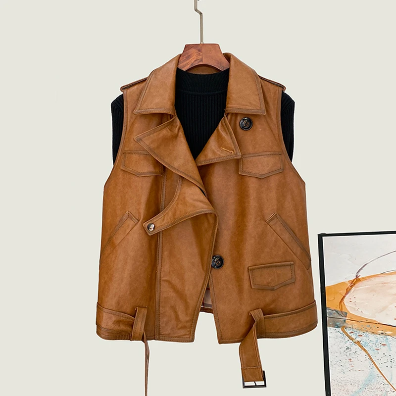 2025 Spring Women Genuine Leather Vest Coats Vintage Brown Sleeveless Loose Lace-up Belt Female Sheepskin Moto&Biker Waistcoat