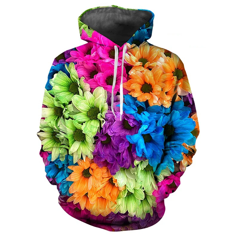 Colorful 3D Print Flower Hoodie For Men Long Sleeve Hoodies Casual Streetwear Floral Sweatshirt Women Autumn Spring Pullovers