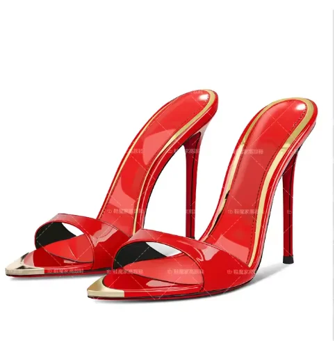

New metal pointed-toe high heels, cool and sexy stiletto slippers, women's red-soled high-heeled sandals
