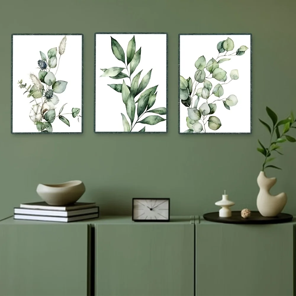 2D Flat 3pcs Unframed Linilioart Watercolor Floral Art Prints Set with Pastel Green Plants Minimalist Leaves Picture for Bedr