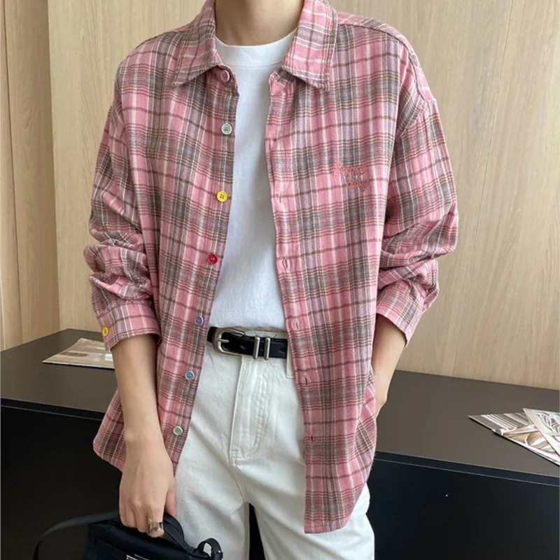 

2025 Spring Autumn Women's Casual Plaid Shirt Lapel Collar Long Sleeved Loose Streetwear Casual Cotton Shirt