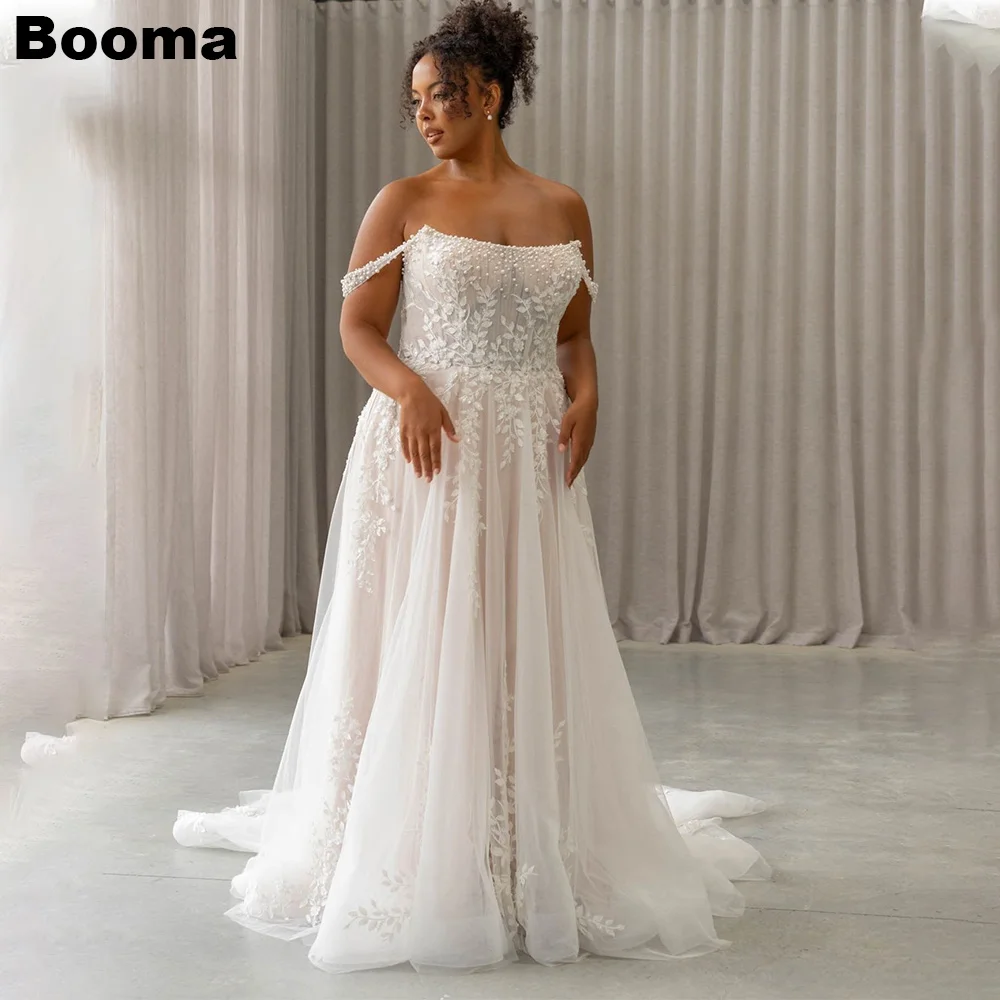 

Booma A-Line Long Elegant Wedding Dresses Off Shoulder Appliques Pearls Tulle Brides Party Gowns for Women Bridals Dress