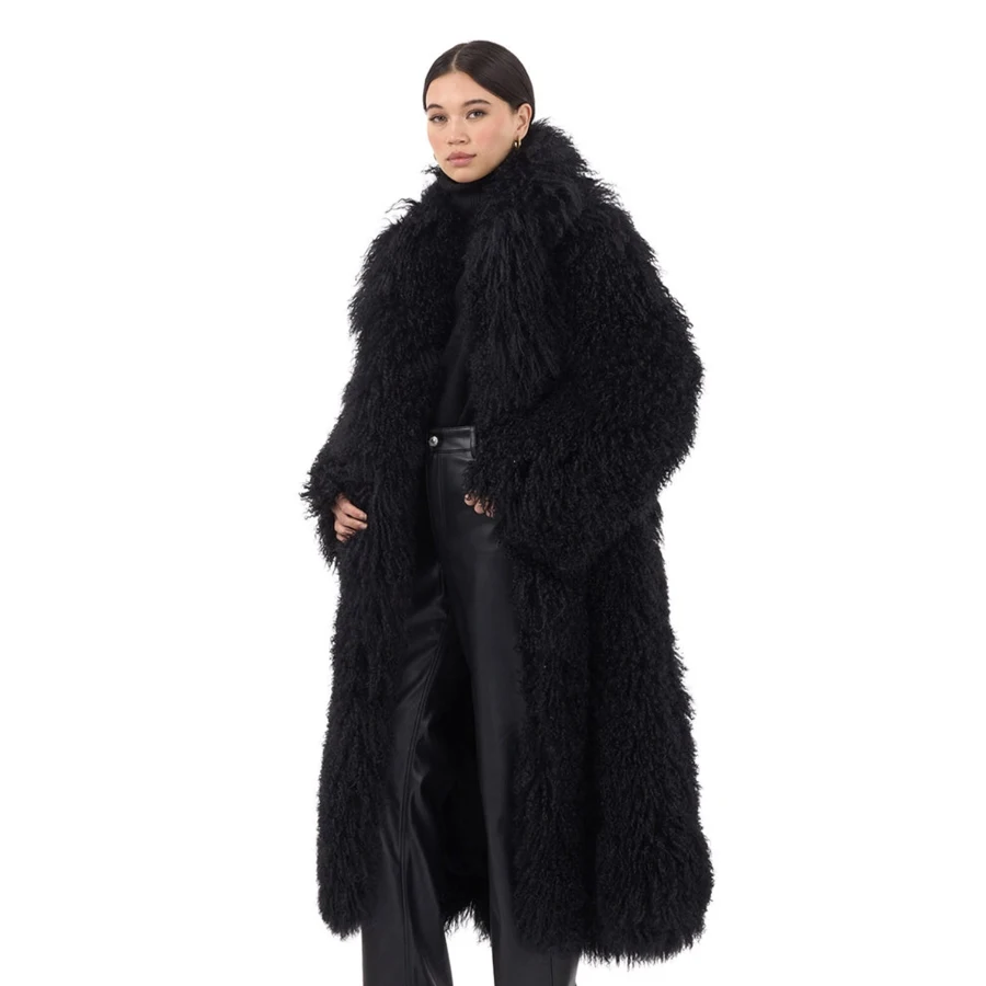 สุภาพสตรีมองโกเลียแกะขนสัตว์ยาวหนังแกะจริงสําหรับผู้หญิงทิเบตLamb Fur Coat 2024