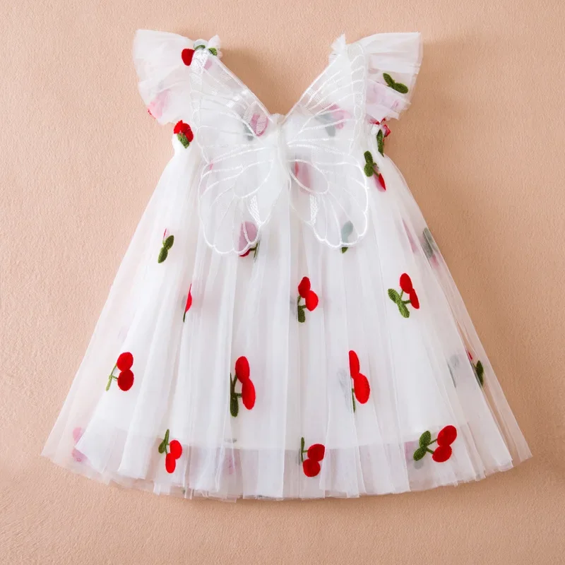 Summer Baby Girls Little Flying Sleeve Dress Children's Bow Strawberry Embroidery Mesh Princess Dress Baby Girl Dress for 1-5Yrs