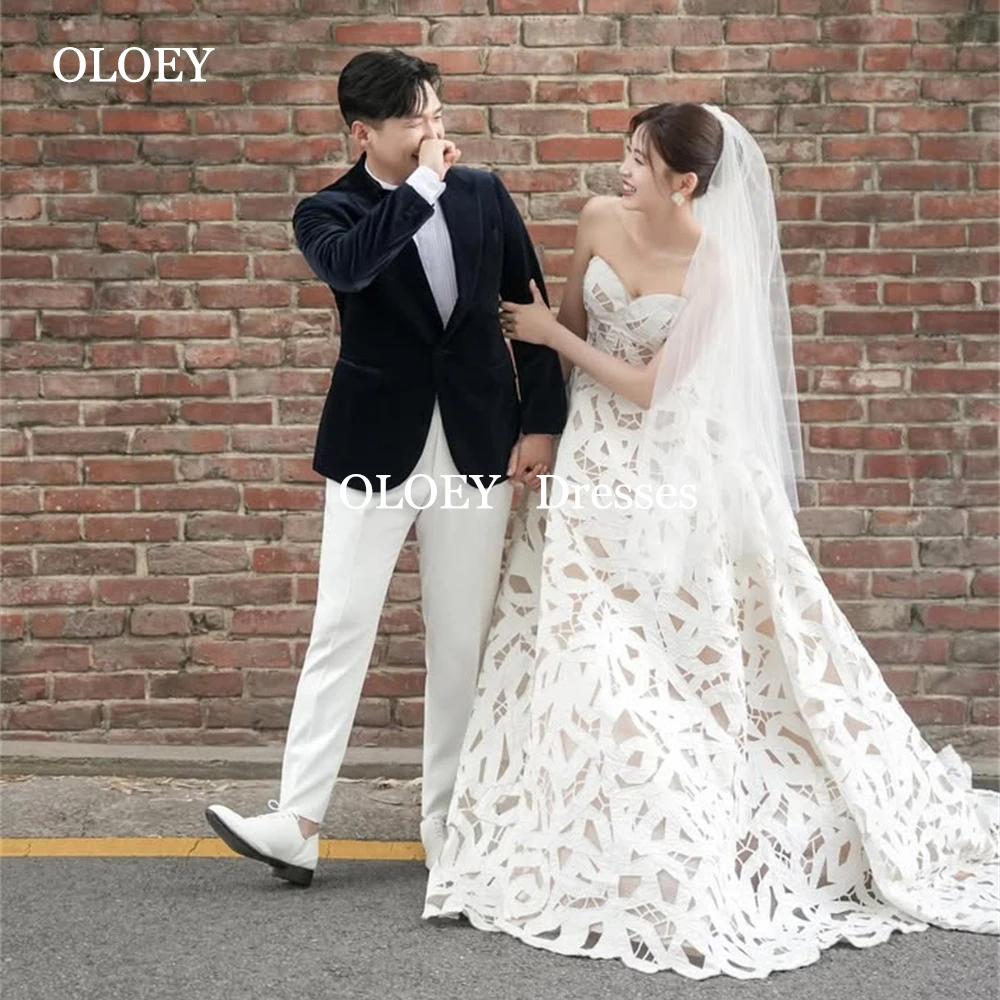 

OLOEY Luxury Ivory A Line Wedding Dresses Korea Photoshoot Lace Bridal Gowns Floor Length Sleeveless Sweetheart Customized