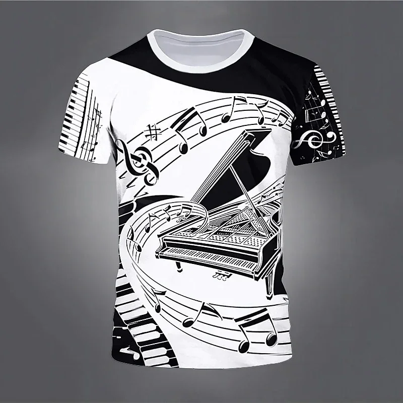 Men\'s and women\'s music note T-shirts, 3D piano printed street clothing, large short sleeved T-shirts, children\'s T-shirts, summ