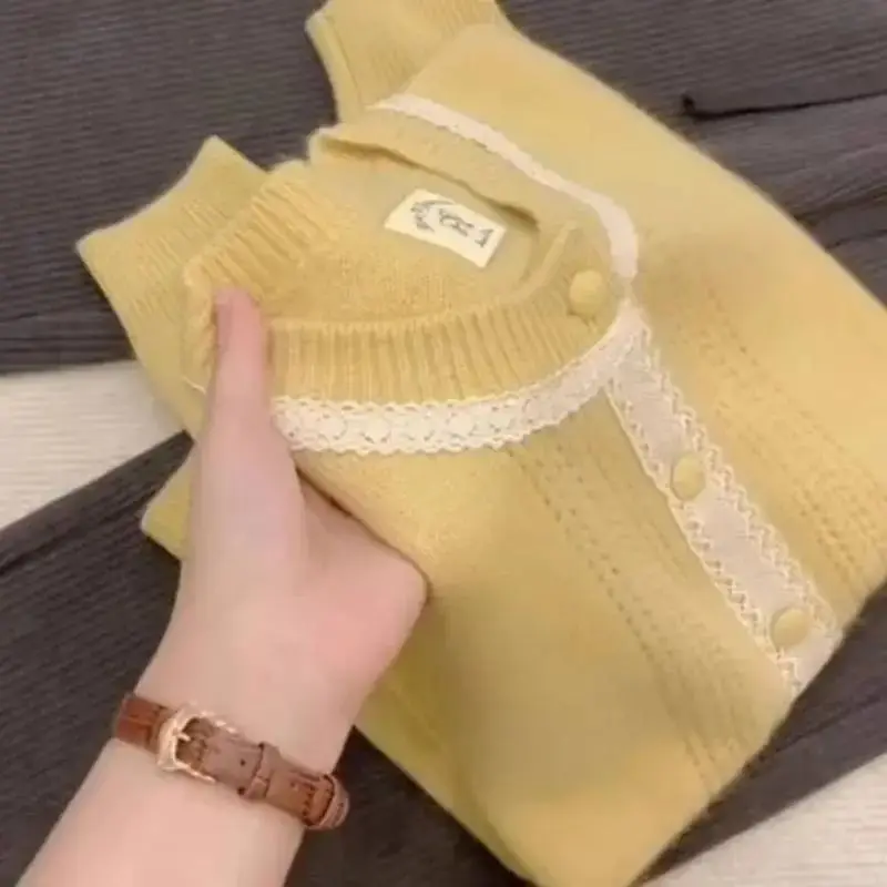 

Lace Patchwork Sweater For Women 2025 Spring And Autumn Round Neck Swan Rice Lazy Style Knitted Single Row Fashionable Cardigan