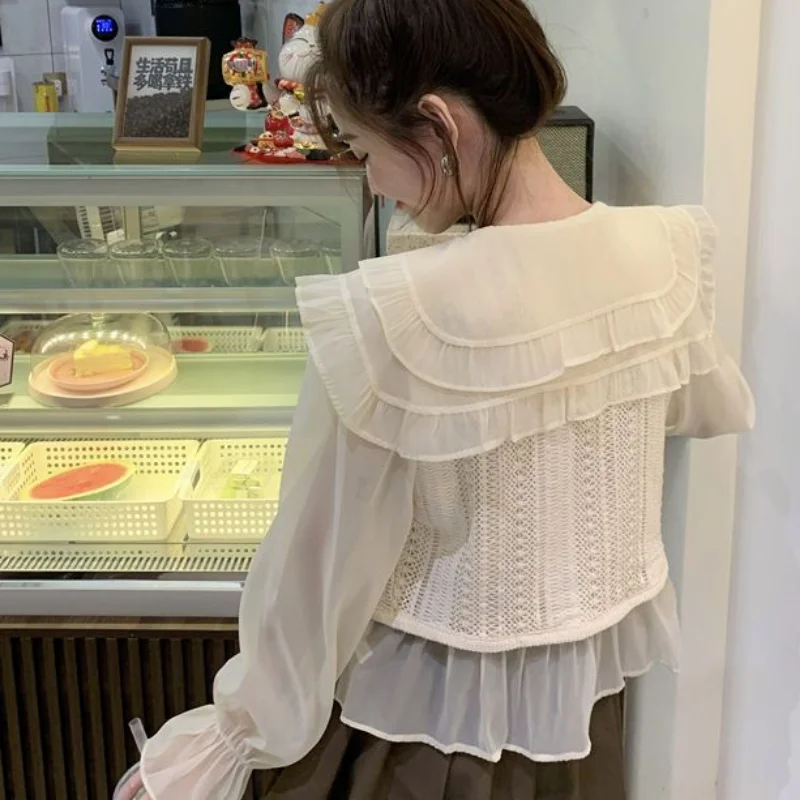 Shirts Women Peter Pan Collar Sweet Fake 2 Pcs Design Korean Fashion Style Basic Daily Students Lovely All-match Spring Casual