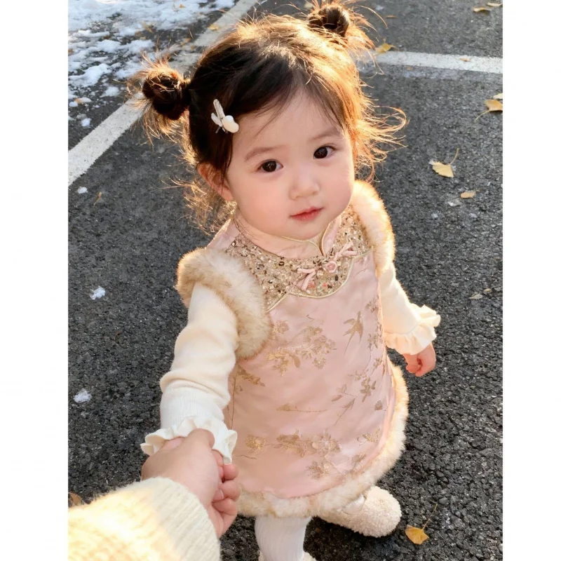 

Girls' Chinese Style Fleece-Lined Dress Vest Dress2026New Winter Outfit for One-Year-Old Girls Baby New Year Dress