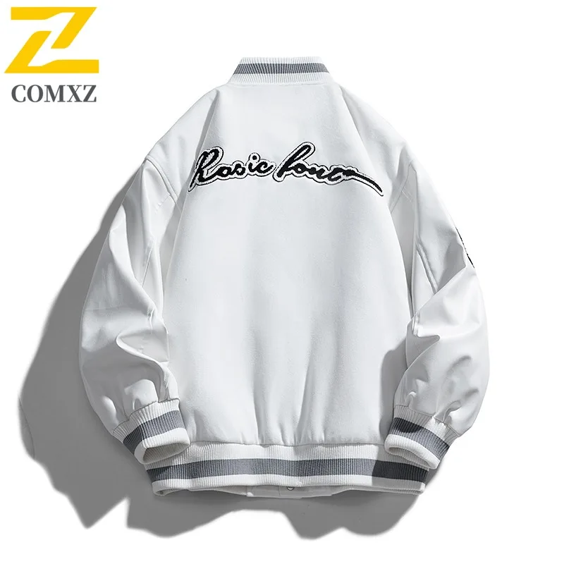 COMXZ Mens Baseball Jacket High Fashion Stand Up Collar Printed Embroidery Design Jacket Streetwear Style Spring Autumn Jacket