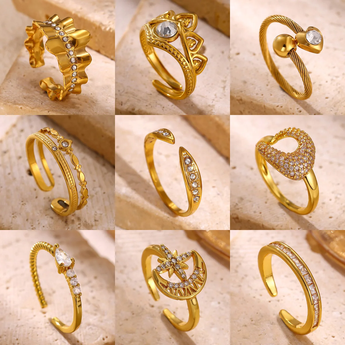 Modische Offene Ringe in Goldfarbe für Frauen mit Zirkonia, Mond, Stern, Kreuz, Verstellbarer Fingerring, Blumen-Design, Romantische Ästhetik, Schmuckgeschenk