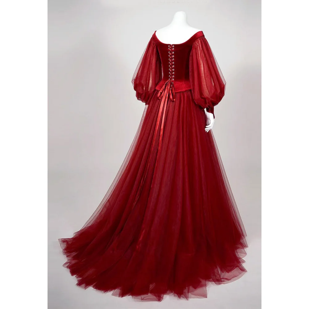 กํามะหยี่สีแดงพรหมชุดผู้หญิง Elegant Sweetheart แขนยาว Organza A-Line ชุดกวาดรถไฟ Draped Evening PARTY Dresses